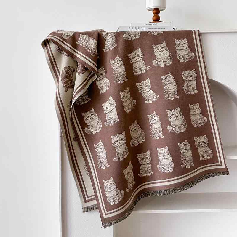 マフラー レディース 秋冬 猫柄 プリント 両面 リバーシブル 防寒 ショール かわいい 暖か 軽い あったか グレージュ ブラック