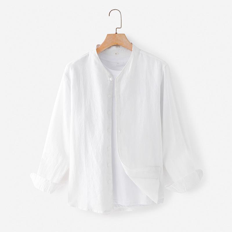 シャツ メンズ 男性用 麻 リネン シャツ トップス 長袖 スタンドカラー 無地 春秋 薄手 普段使い リラックス ルームウェア ホワイト ブラック ブルー ベージュ