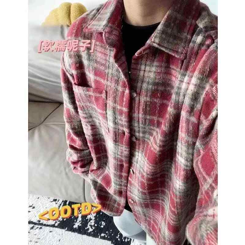 ジャケット 男性用 レッド系 格子柄 長袖 コットン混紡 レトロ 春秋 ルーズフィット 普段使い