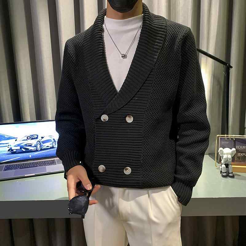 カーディガン メンズ ニット 秋冬 英国風 レトロ 青果襟 ウォーム 長袖 杏色 黒 M L XL 2XL 3XL
