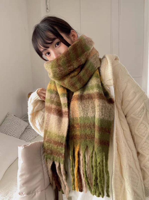 マフラー レディース 春秋冬 チェック柄 ストール モヘア風 ショール 韓国風 学生 旅行 防寒 カジュアル 米色 緑 黒