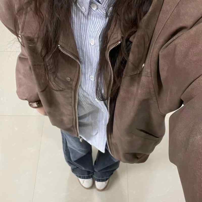 ジャケット レディース アメリカン レトロ ブラウン 襟付き スエード調 高級感 ペア 男女兼用 ブルゾン トップス 秋冬