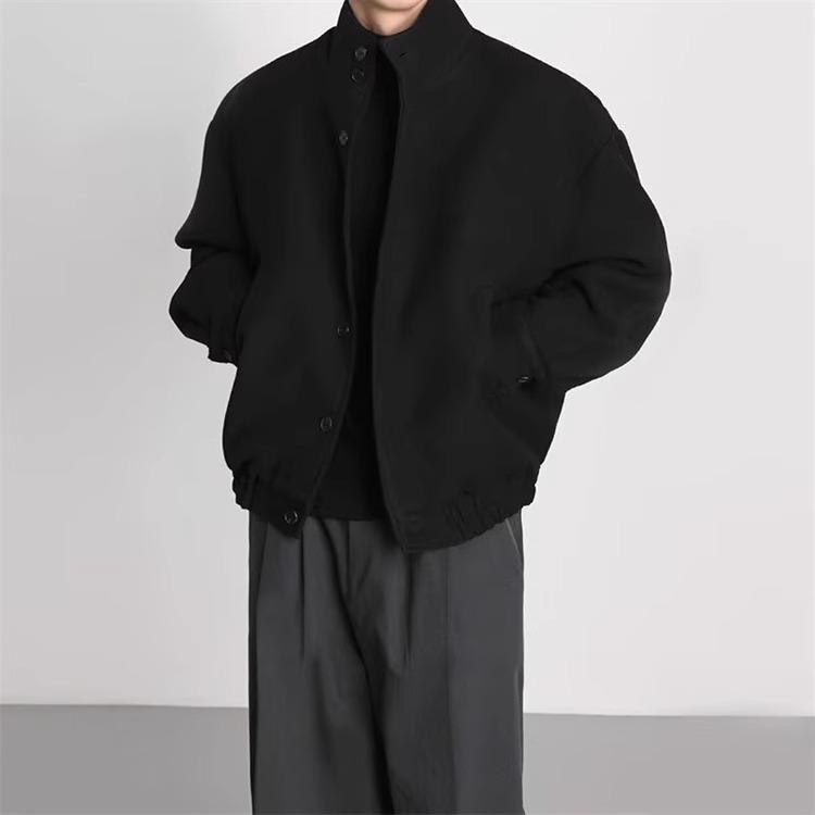 ジャケット メンズ 立襟 毛織 アウター ワークウェア風 ゆったり 無地 春秋 カジュアル ブラック カーキ色