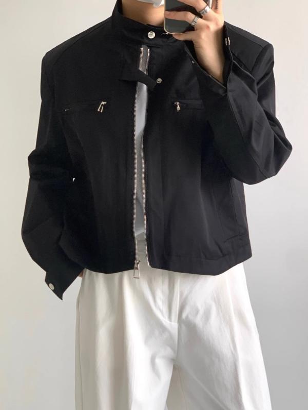 ジャケット メンズ 春秋 ショート丈 パッド入り 肩パッド ゆったり 無地 ジップアップ スタンドカラー アウター 普段使い カジュアル 黒 白...