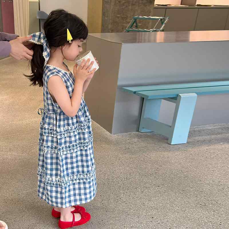 Rakuten - ワンピース 女の子 子供 レトロ 格子柄 ノースリーブ Aライン スカート 竹節綿 かわいい 夏 薄手 涼しい 発表会 普段使い
