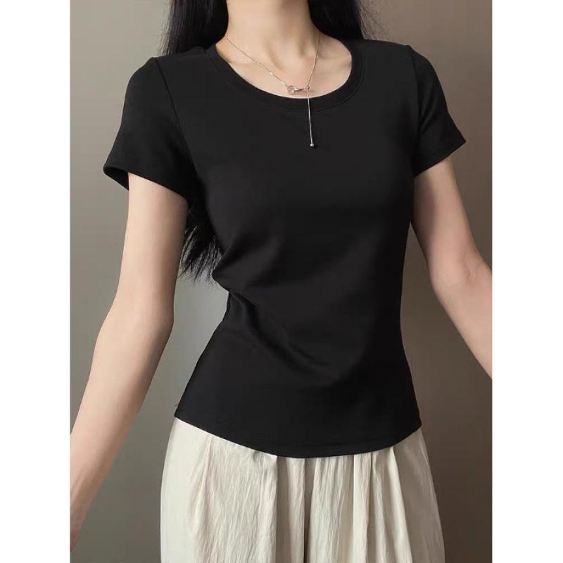 Tシャツ レディース 韓国風 Uネック トップス 半袖 スリム 綿混紡 無地 カットソー インナー 重ね着 着痩せ ブラック ホワイト ピンク グレー ブルー オレンジ 通勤 オフィス 春夏