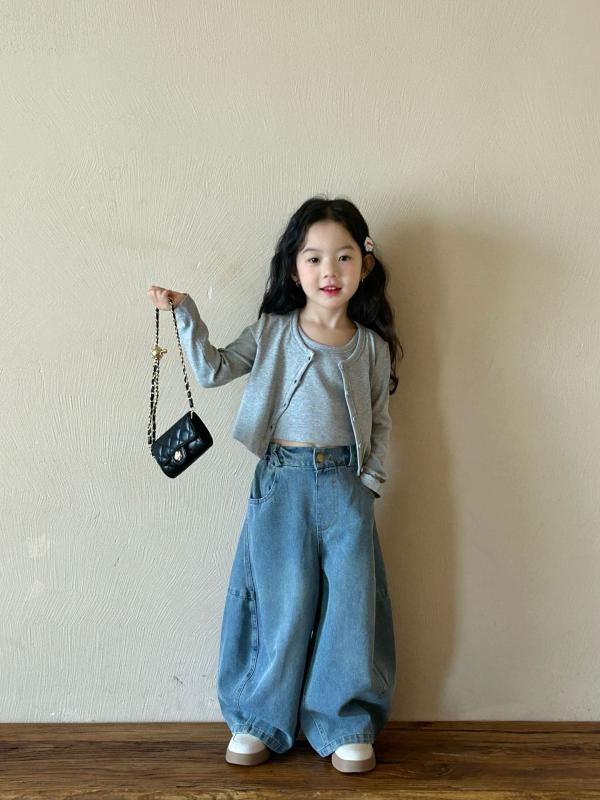 아이복 팬츠 세트 춘추 긴팔 가디건 데님 롱 팬츠 2세 3세 4세 5세 6세 7세 걸스 소녀 귀여운 한국풍