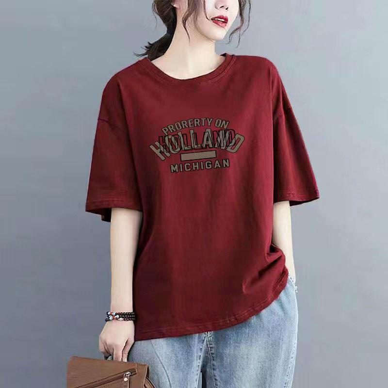 乐天商城 - Tシャツ レディース 半袖 コットン100% トップス カットソー 大きいサイズ ゆったり ラウンドネック プリント おしゃれ かわいい 酒 красны 紺 黄 墨緑 紫 グレー 青 咖啡 黒 赤 ピンク 白 ベージュ 水色 緑 オレンジ カーキ