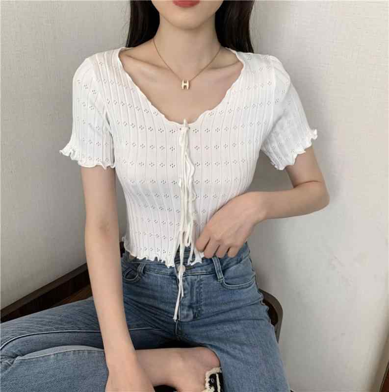 Tシャツ レディース Vネック 半袖 接触冷感 ピンク系 ショート丈 トップス 木耳フリル 襟ぐり バンドデザイン ポリエステル 無地 スリムフィット エレガント カジュアル 春夏