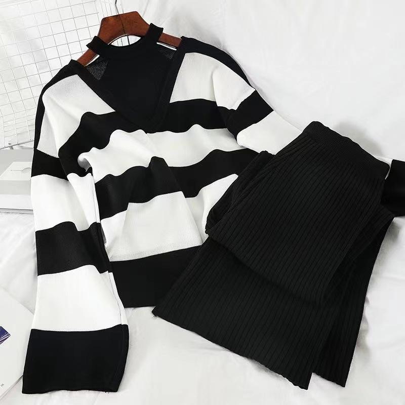 Pants Suit - ニット セットアップ レディース 春秋 高見え 長袖 トップス ワイドレッグパンツ 2点 上下セット 韓国風 きれいめ 無地 カジュアル 通勤 オフィス ブラック 黒 ベージュ