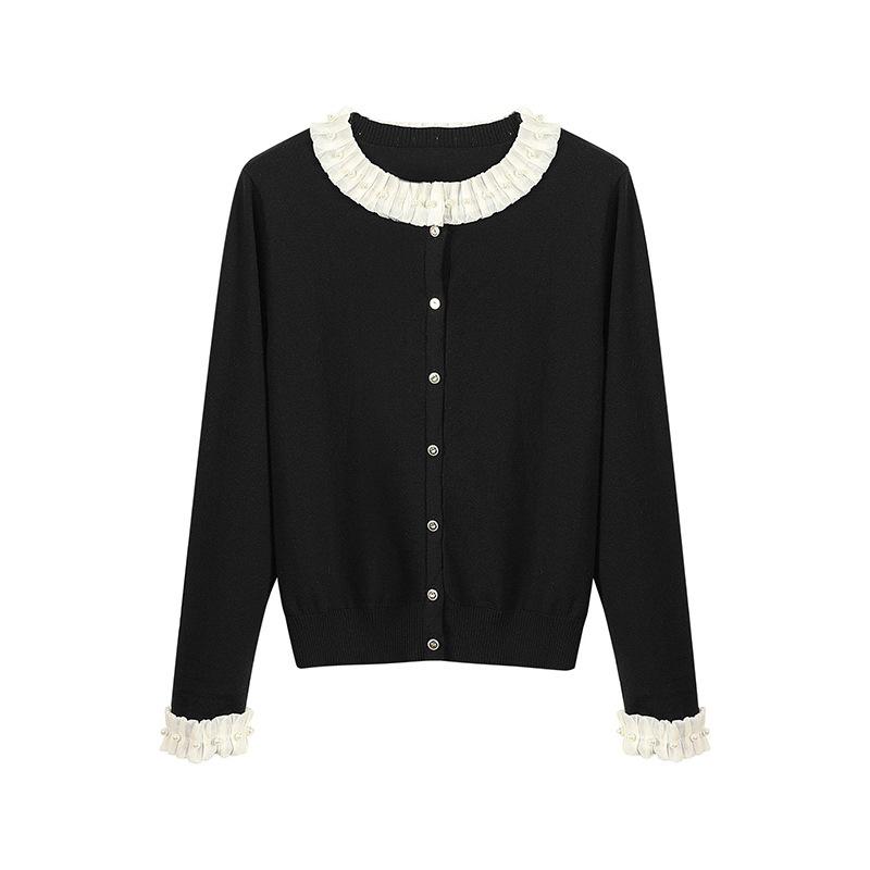 ニット レディース 秋冬 カーディガン レース 釘パール トップス 長袖 ラウンドネック ブラック レッド..