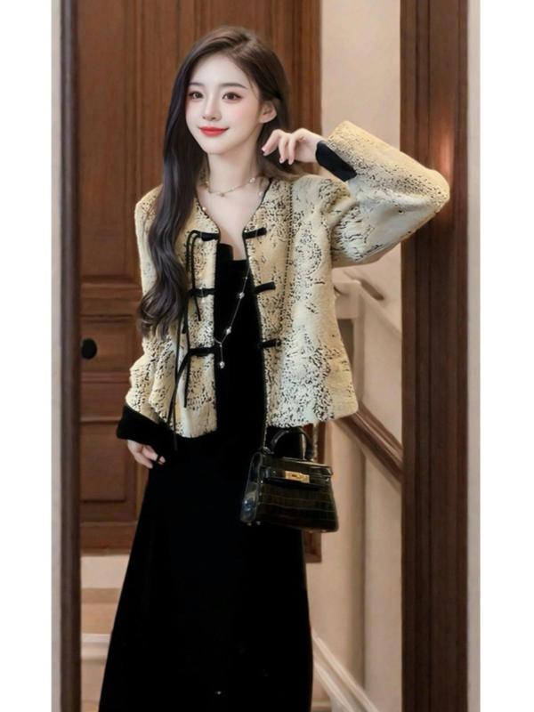 セットアップ レディース チャイナドレス風 吊りワンピース ベルベット ジャケット 2点セット 長袖 ポリエステル エレガント レトロ 秋冬