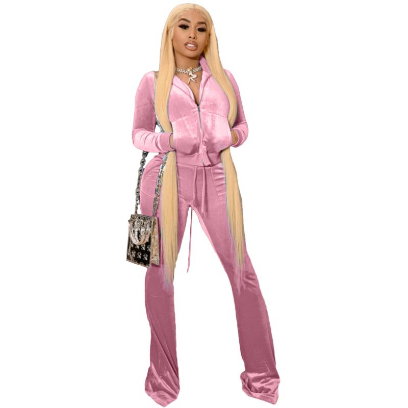 セットアップ レディース 韓国絨 無地 クロップド丈 長袖 フレアパンツ 運動着 2点セット 女性用 ポリエステル 伸縮性 ストリートファッション カジュアル 普段使い ホワイト ピンク系 イエロー