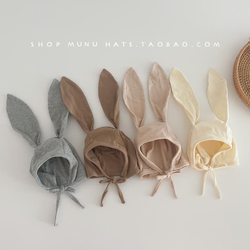 ベビー 帽子 春秋 薄手 耳当て付き かわいい ウサギ耳 包頭帽 紐付き 韓国風 綿製 ピンク 白 ベージュ 秋 冬