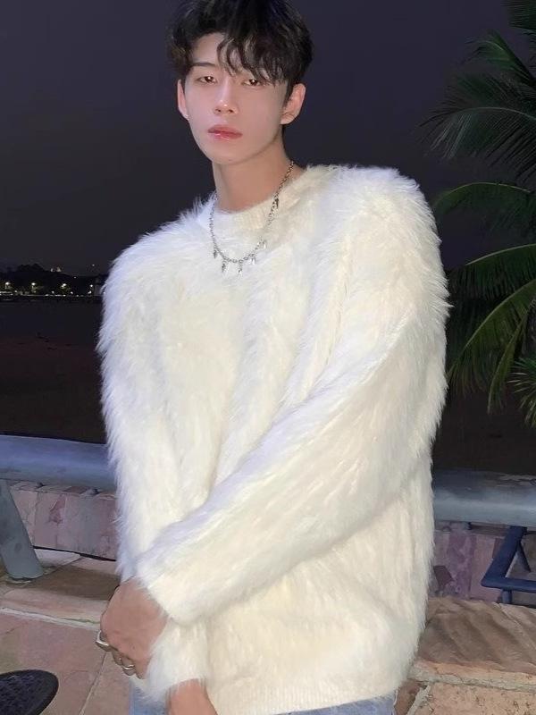 ニット メンズ セーター 秋冬 トップス 宽松 丸首 長袖 ポリエステル 韓国風 カジュアル 水貂刷毛 暖か..