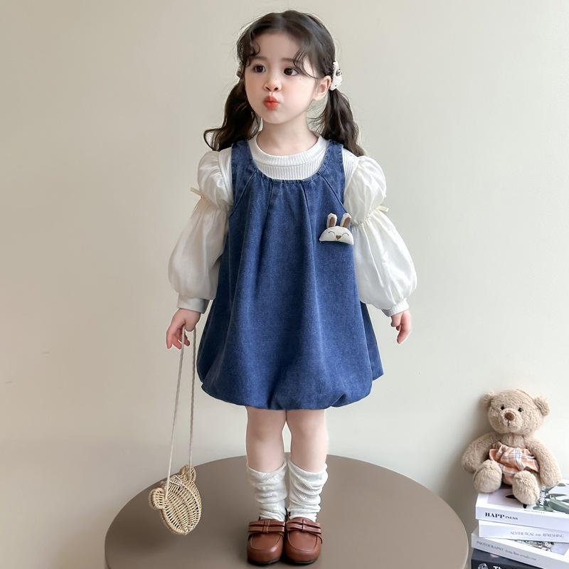 子供服 セットアップ 女の子 デニムスカート 2点セット 春秋 かわいい ウサギ耳付き 花柄 チュニック コットン 普段着 通園着