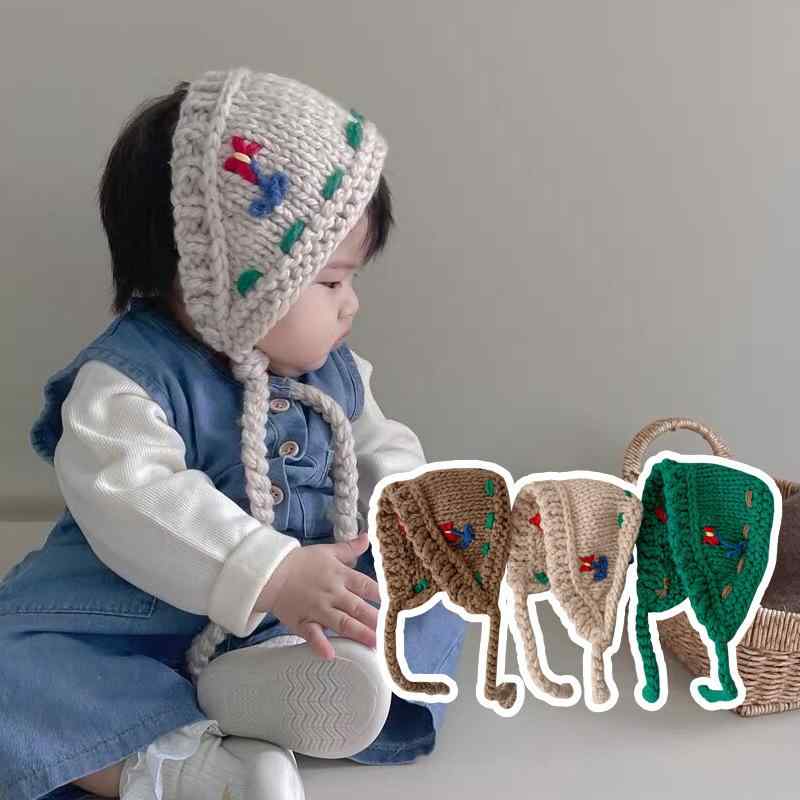 帽子 キッズ 女の子 ニット帽 手編み風 秋冬 1歳 2歳 3歳 4歳 5歳 6歳 ベージュ カーキ グリーン かわいい 暖かい 防寒