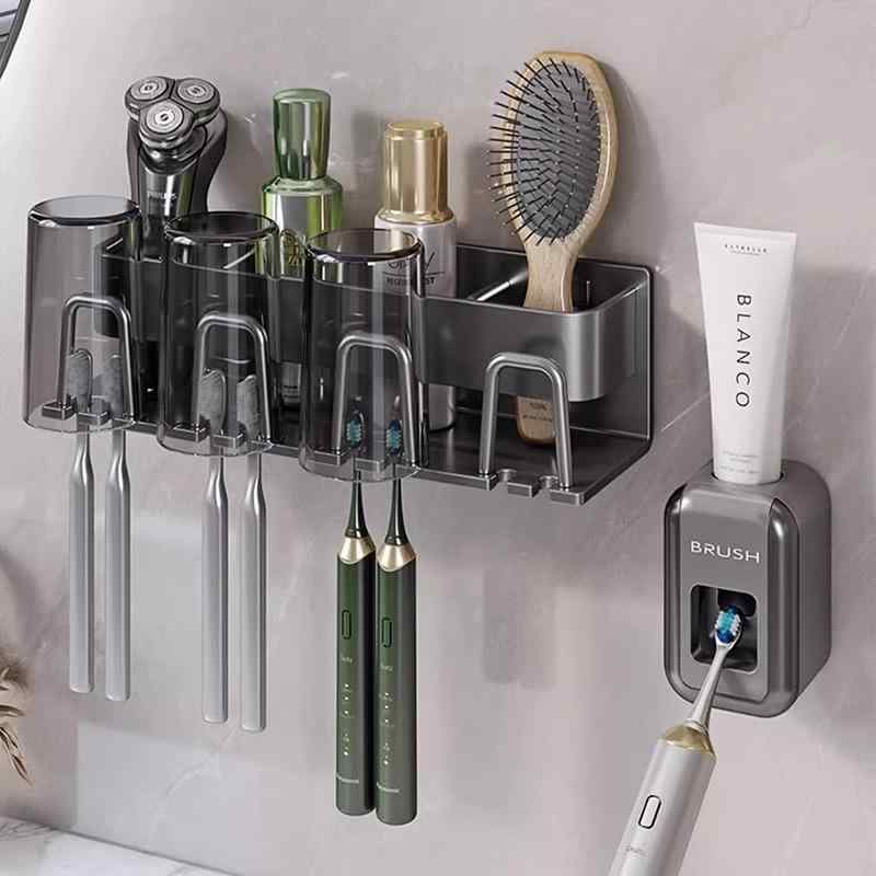 歯ブラシホルダー 壁掛け式 歯ブラシスタンド 洗面所 浴室 収納ラック コップ付き 省スペース アルミ製..