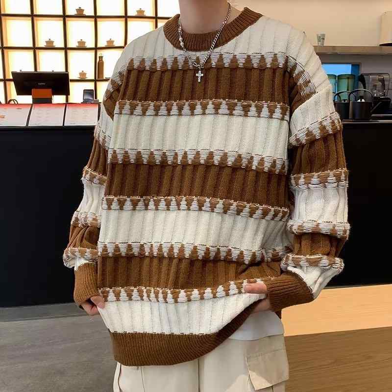 Knit Sweater - ニット メンズ ニットトップス 長袖 ボーダー柄 切り替え クルーネック プルオーバー ゆったりサイズ 普段使い 韓国風 ブラック ブラウン 秋冬