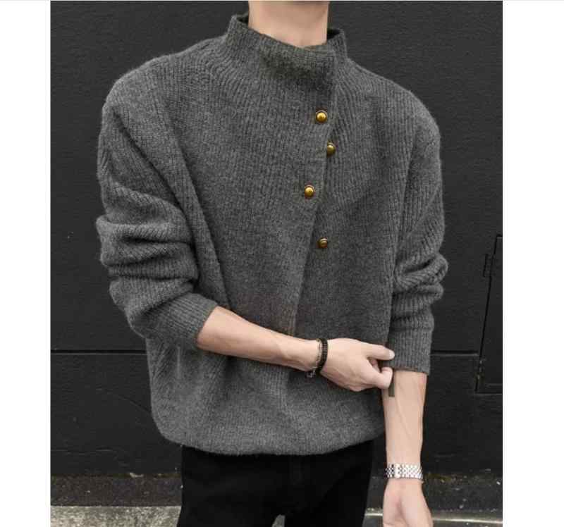 Men's Clothing - ニット メンズ 不規則ボタン 高襟 韓国風 ストリートファッション ビッグシルエット 伸縮性 ポリエステル ブラック ホワイト グレー ブルー 秋冬
