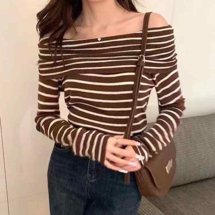 ニット レディース トップス ボーダー オフショルダー 長袖 カットソー 韓国風 スリム タイト おしゃれ きれいめ カジュアル 通勤 普段..