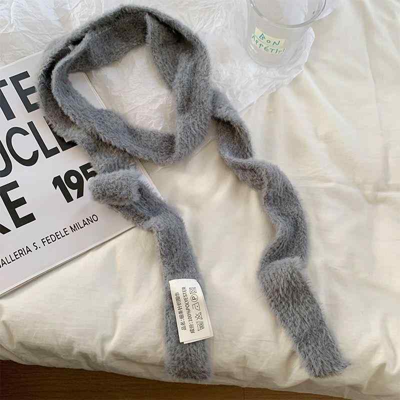 マフラー レディース 秋冬 韓国風 無地 ニット 細め ロング 差し色 あったか 防寒 赤色 黄色 カーキ色 白色 水色