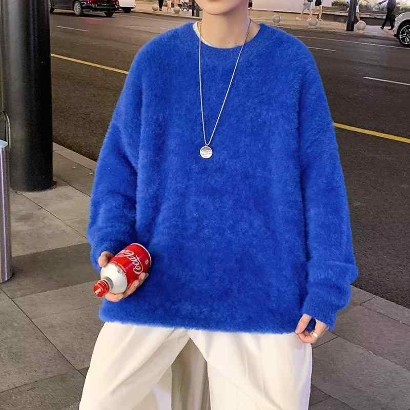 短袖 - ニット メンズ 秋冬 厚手 ルーズフィット クルーネック セーター 長袖 トップス プルオーバー 普段使い デイリーウェア ホワイト ブラック ブルー