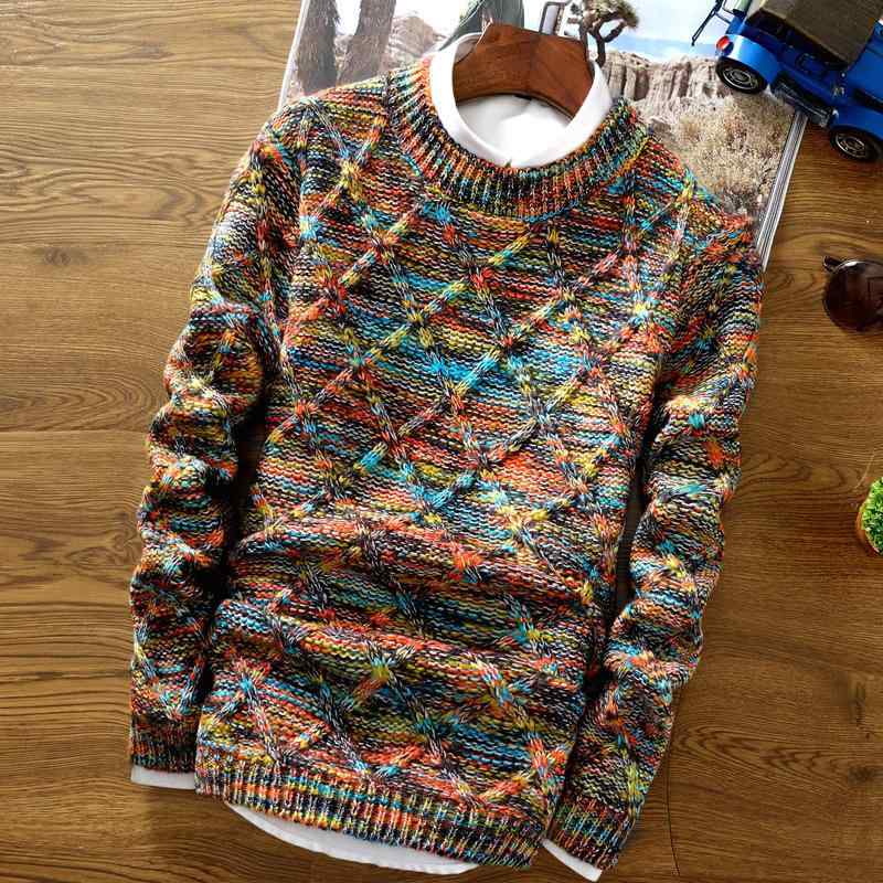 Knit Sweater - ニット メンズ ニットトップス 長袖 丸首 スリムフィット ファッション カジュアルスタイル 花柄 オレンジ 紺 秋冬