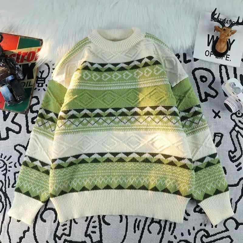 ニット メンズ 秋冬 レトロ 配色 ボーダー セーター プルオーバー 鹿毛绒 カジュアル 普段使い トップス 長袖 赤 黒 緑 コーヒー