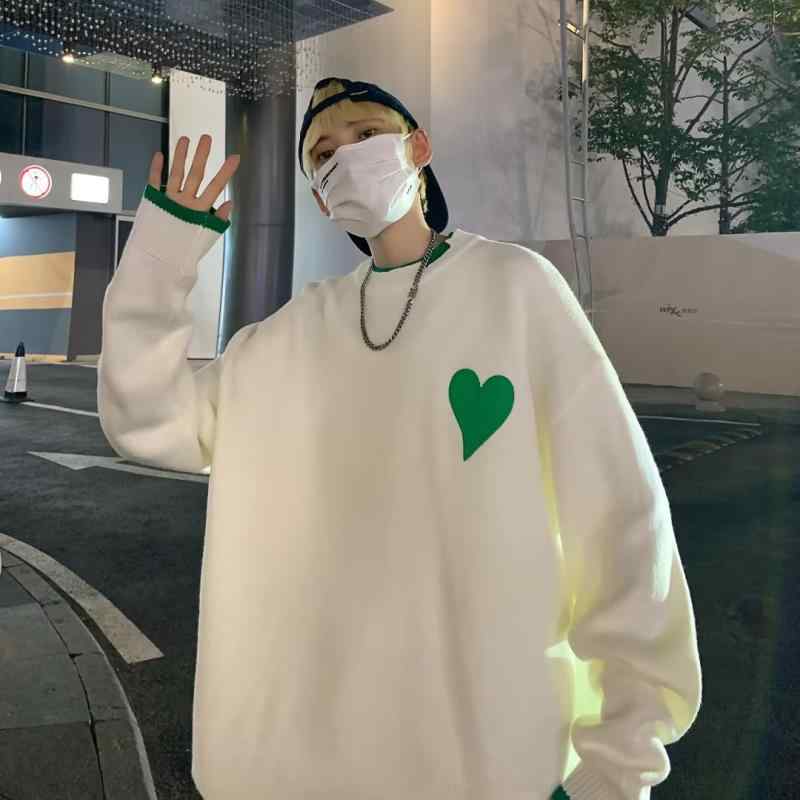 ニット メンズ 秋冬 丸首 プルオーバー トップス コットン ポリエステル混紡 ゆったり 港風 カジュアル ブラック ホワイト ブルー グリーン