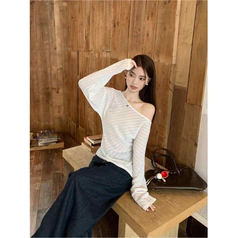 Tシャツ レディース 不規則 アシンメトリー 長袖 ニット トップス 斜めがけ 接触冷感 伸縮性 プリンセススリーブ かわいい バタフライ