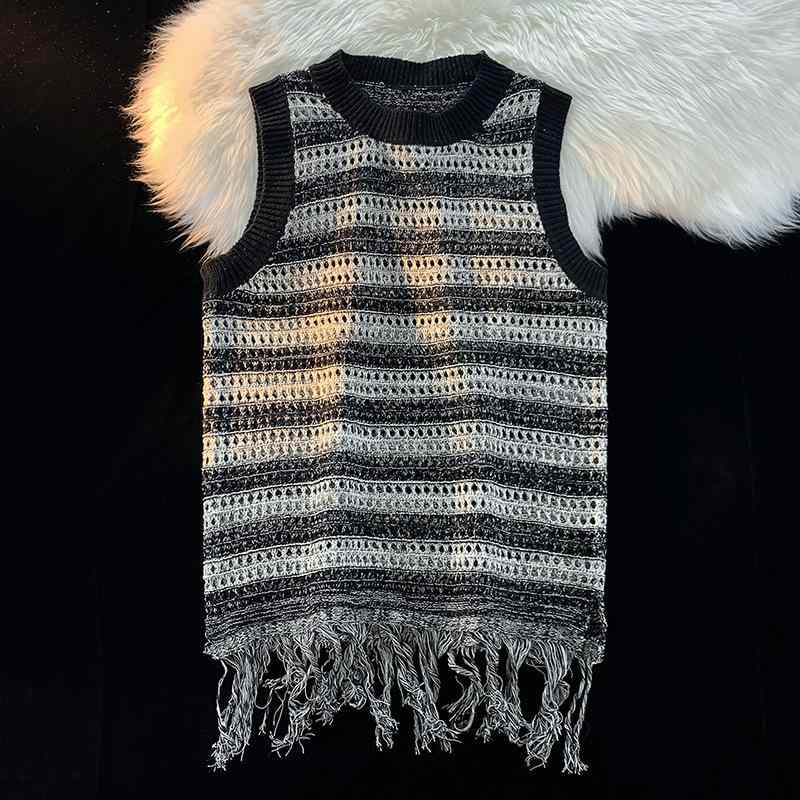 ニット メンズ ストライプ ベスト ノースリーブ セーター プルオーバー 配色 春秋 薄手 リブ編み ゆったり ラウンドネック トップス 重ね着 韓国風 カジュアル 普段使い デイリー