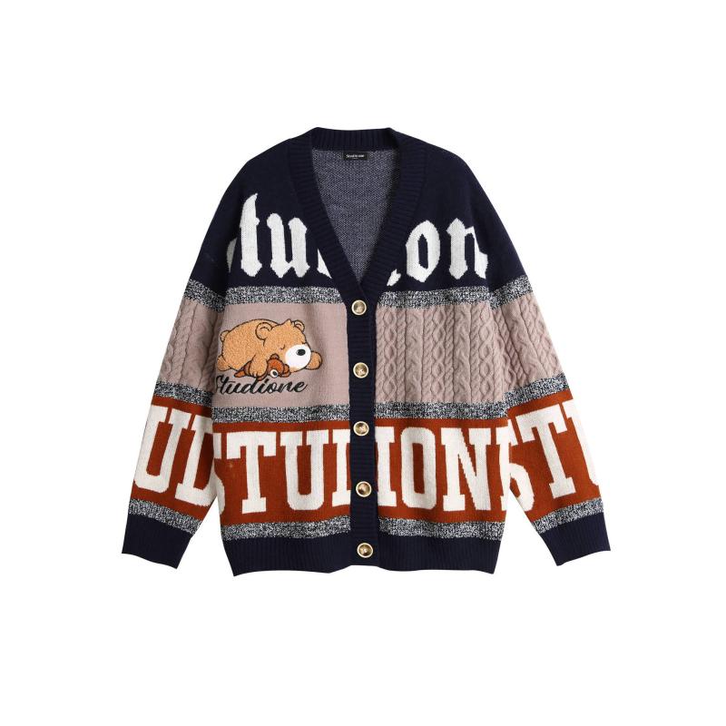 カーディガン メンズ ニット カーディガン 配色 Vネック 熊柄 ジャカード 原宿 普段使い カジュアル 青年 高弾性 混紡 藏青色