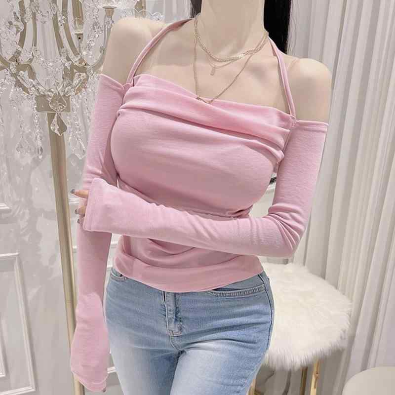 Tシャツ レディース 韓国風 セクシー チョーカー風 ギャザー 肩出し 一文字ネック 長袖 トップス カッ..