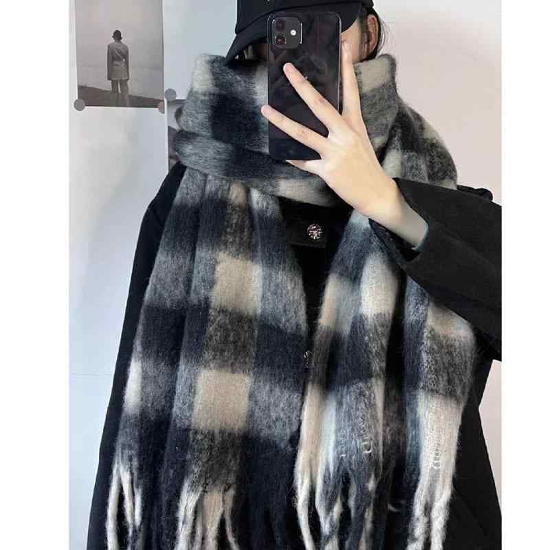For Women - マフラー ストライプ柄 大判ストール 秋冬 厚手 保温 ショール 高級感 レディース 格子柄 ブラック ベージュ ピンク系 240cm ポリエステル かわいい ガーリー