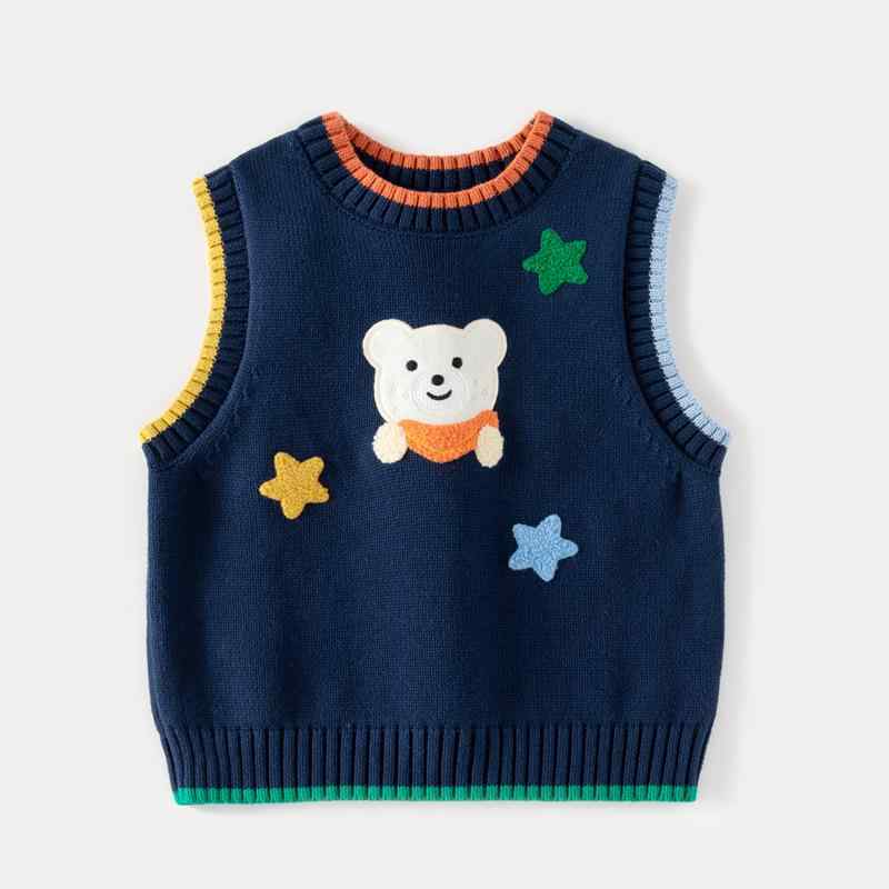 ・性別: 男・対象年齢: 中小童(3~8歳、100~140cm)・スタイル: 韓国風・素材: 綿100%・生地加工: 柔らか обработка・袖丈: ノースリーブ・種類: セーター・柄: キャラクター・写真: 実物写真、モデルなし・要素: キャラクター・安全等級: B類・ネックライン: ラウンドネック・フード: なし・色: 紺色、米白色・対応身長: 90cm、100cm、110cm、120cm、130cm・前立て: プルオーバー