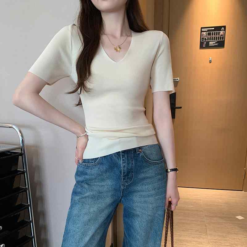 ニット レディース Vネック トップス サマーニット 半袖 無地 きれいめ スリムフィット 通勤 米杏色 ブラック 春夏