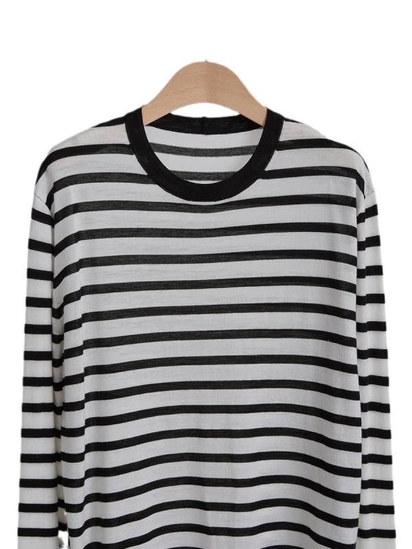 ニット レディース 秋冬 ストライプ柄 ウール セーター 長袖 薄手 ラウンドネック チュニック プルオーバー ゆったり カジュアル トッ..