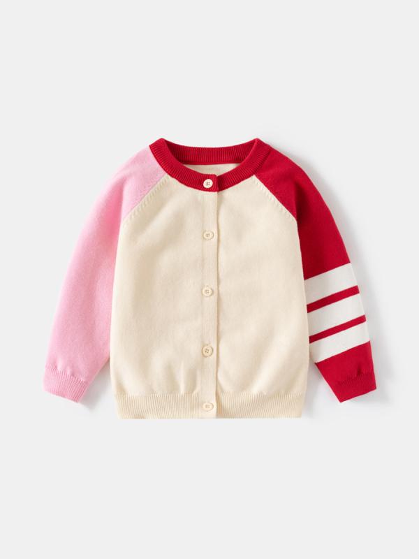子供服 女の子 カーディガン ニット アウター トップス 長袖 配色 シングルブレスト ラウンドネック 薄手 秋