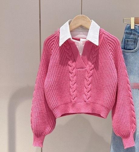 ニット 女の子用 セーター トップス 長袖 韓国風 子供服 大童サイズ 秋冬 普段着 粉色 灰色 グリーン ポリエステル