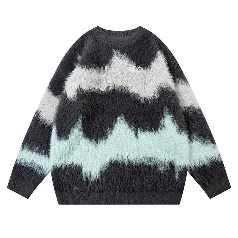 ニット メンズ 男性用 長袖 グラデーション ウェーブ ボーダー プルオーバー ニット トップス ゆるシルエット ラウンドネック 4公貂毛 接触冷感 秋 カジュアル ブラック グレー