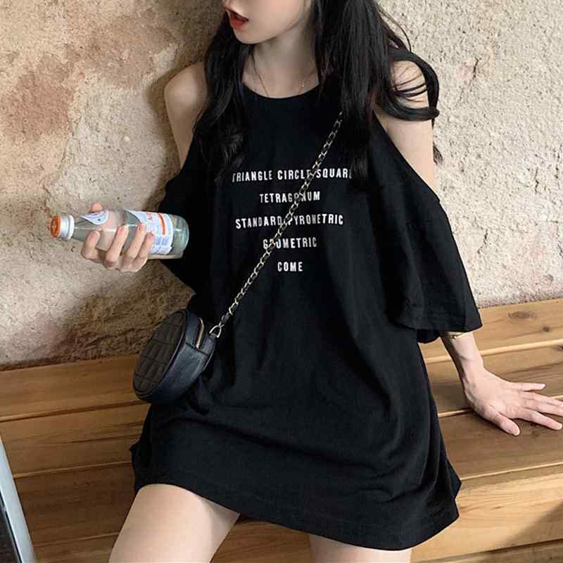 Tシャツ レディース 半袖 肩出し トップス 韓国風 ゆったり カットソー プリント 薄手 ブラック 通勤 通学 普段使い