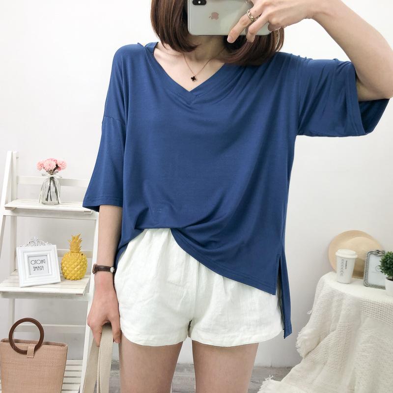 Tシャツ レディース Vネック 半袖 モダール カットソー 大きいサイズ ゆったり 肩出し トップス 無地 ブラック ホワイト ワインレッド デニムブルー エビピンク 接触冷感 吸湿速乾 清新 甘め