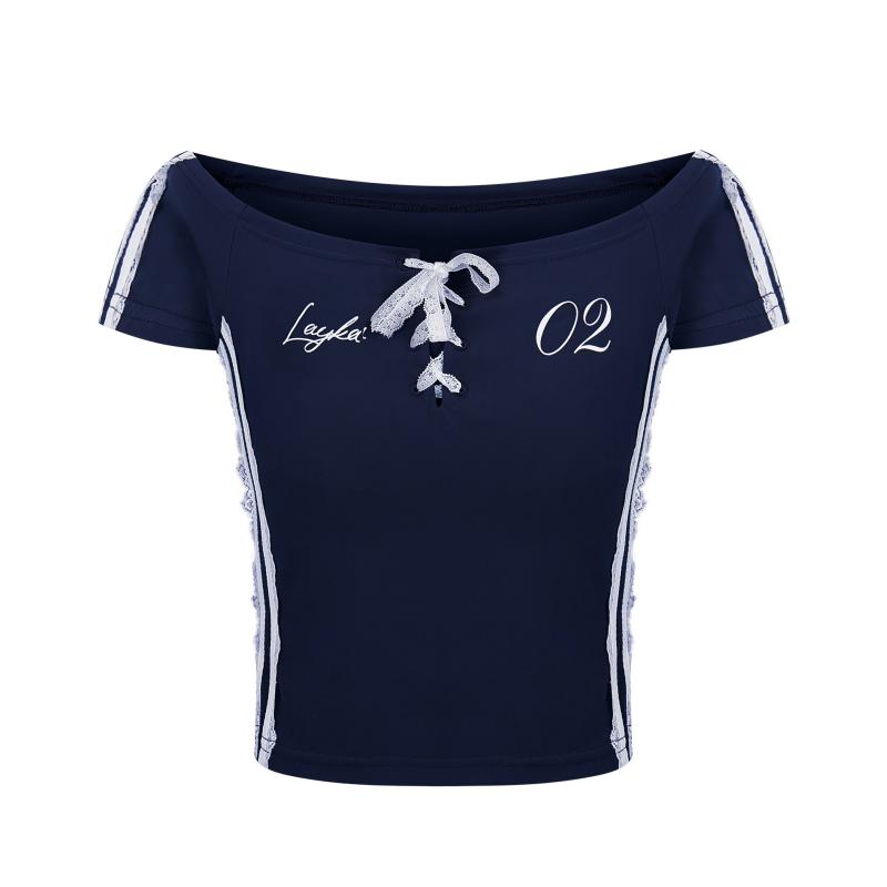 Tシャツ レディース 花柄 レース アルファベット プリント スリムフィット 一字肩 半袖 チュニック 接触冷感 再生繊維 通勤 オフィス きれいめ