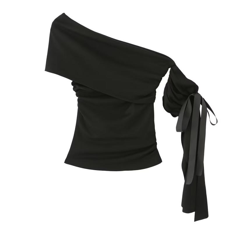 Tシャツ レディース 欧美風 ストリート 纯欲風 無袖 ポリエステル 斜めネック 不規則 飄帯 修身 デザイン 白 紺 黒