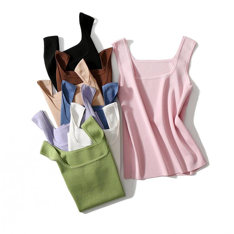 タンクトップ レディース 春夏 Uネック 無地 ニット 薄手 快適 通気性 ノースリーブ トップス カットソー 白 黒 紫 コーヒー 牛乳アボカドグリーン 馨ピンク 霧ブルー