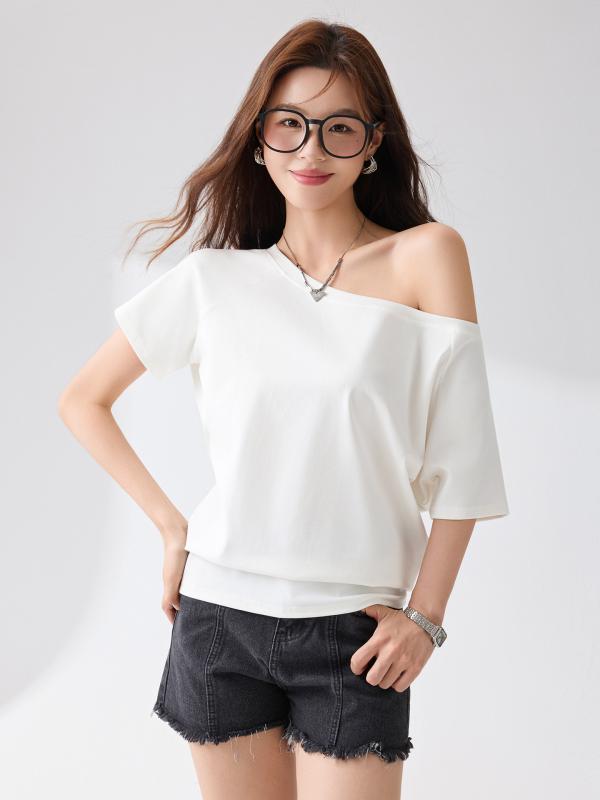 Tシャツ レディース 半袖 オフショルダー 白色 黒色 花灰色 綿 一文字肩 接触冷感 吸湿速乾 トップス カットソー ゆったり 日韓風 カジュアル スタイル