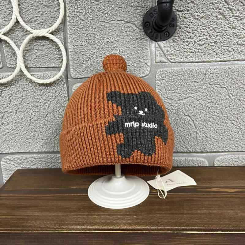 帽子 ベビー キッズ 秋冬 子供用 ピュアコットン 裏地付き ニット帽 小熊 刺繍入り 折り返し 防寒 花米色 栗色