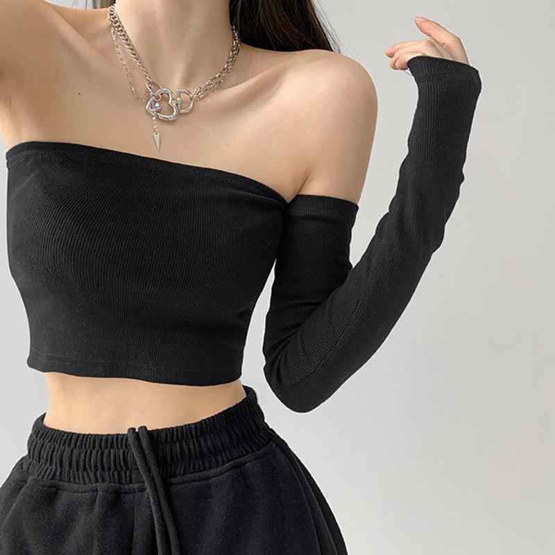 Tシャツ レディース 一字襟 肩出し 長袖 へそ出し トップス チューブトップ アームカバー インナー スリム 無地 黒 白 綿 日韓風 セクシー