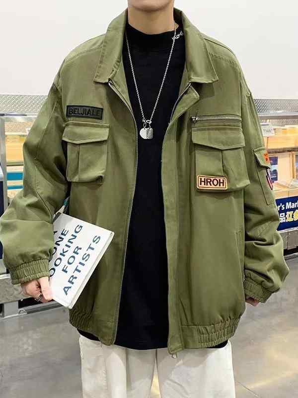 ジャケット メンズ 男性用 ブルゾン ジャンパー ワークウェア 韓国風 カジュアル 野球服 スタジャン 春物 防水 防風 リブ 裾 襟付き ポリエステル 黒 ブラック 緑 グリーン 大きいサイズ